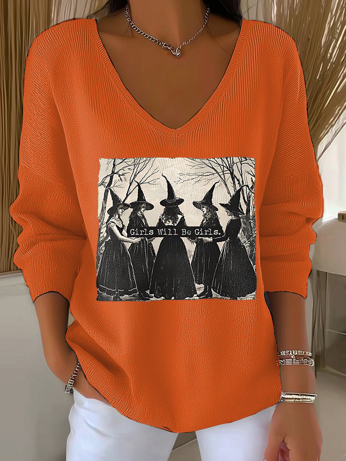 🔥Buy 2 Get 10% Off🔥Women's Vintage Girls Will Be Girls Witch Print V Neck Sweater