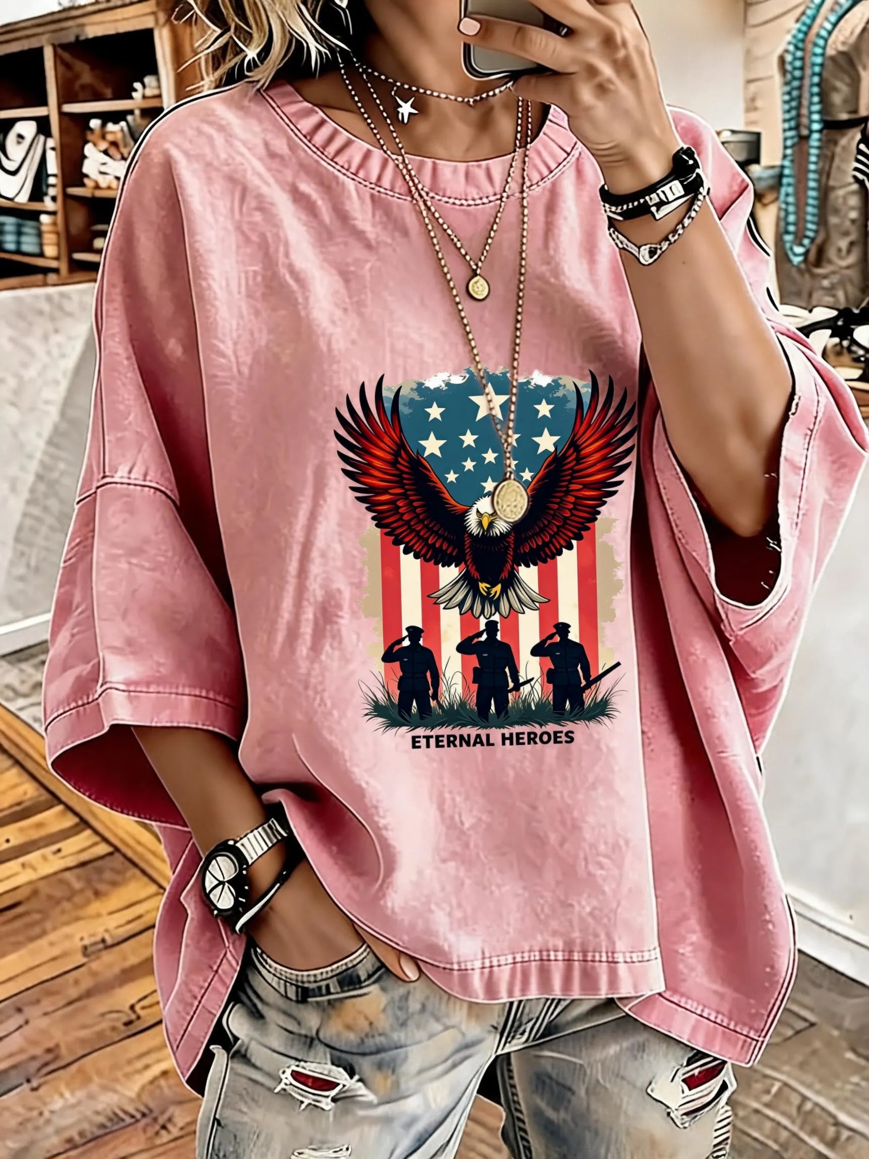 Women'S Vintage Distressed Washed Patriotic Eagle Eternal Heroes Oversized T-Shirt