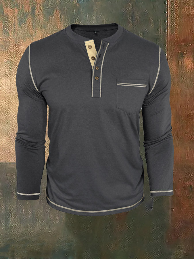 Men's Henry Pocket Long-Sleeve Color-Blocked T-Shirt