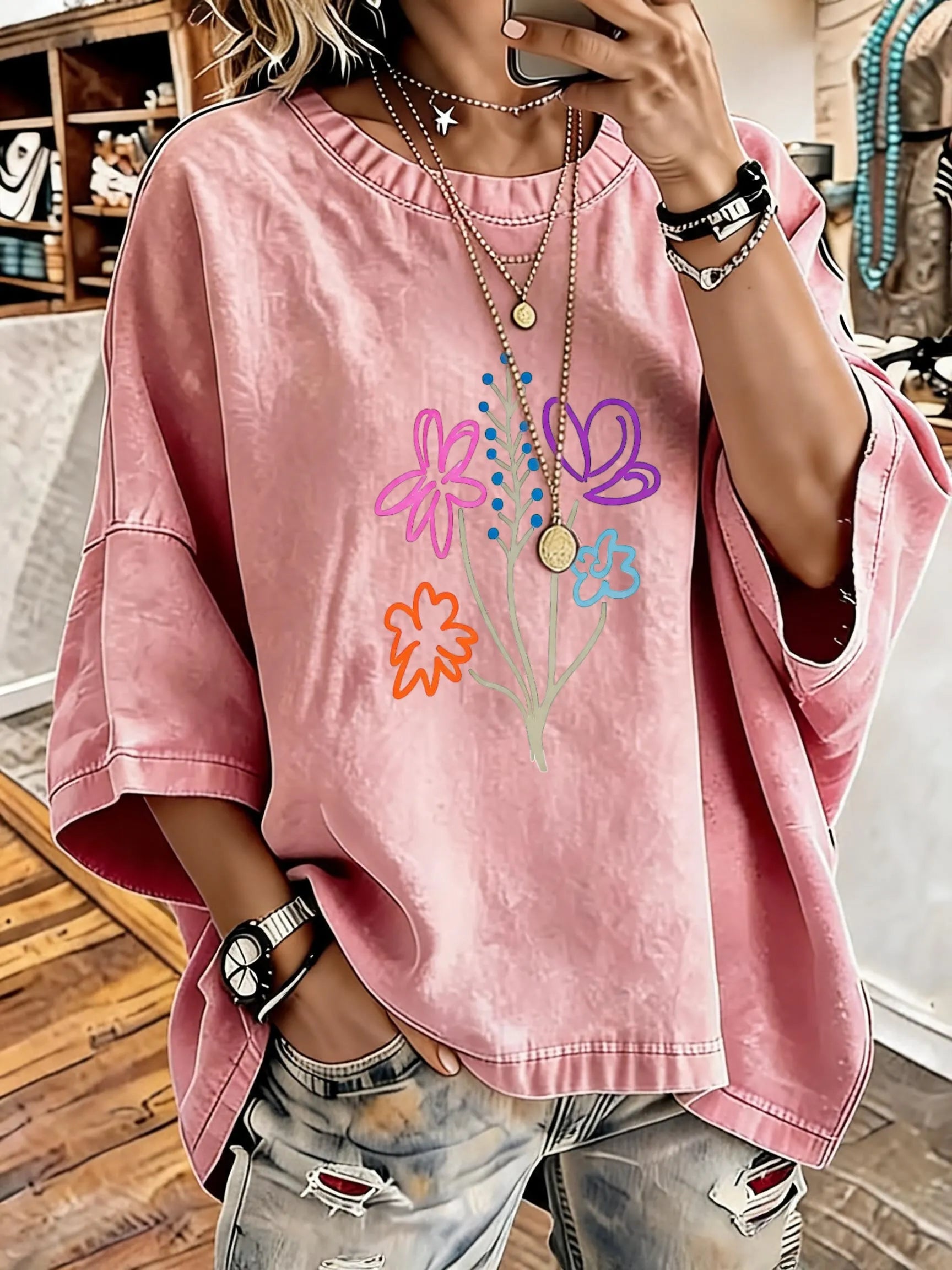 Women'S Vintage Distressed Washed Bouquet Printed Oversized T-Shirt