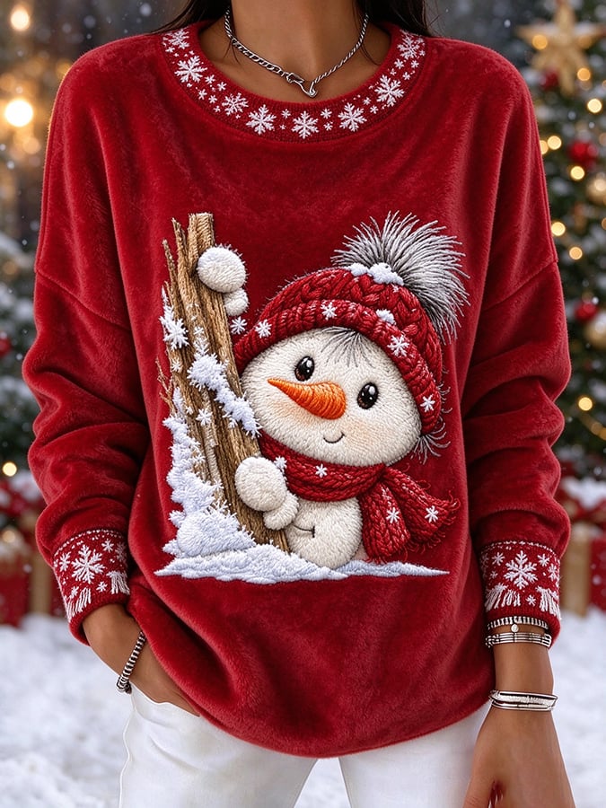 Women's Snowman Art Print Casual Flannel Top