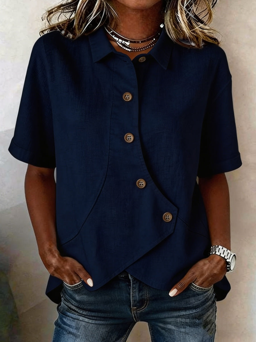 Women's Short-Sleeve Button-Down Cotton-Linen Shirt