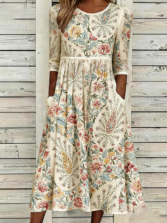 Women's cotton and linen retro floral dress