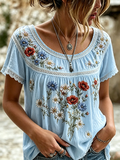 Women's casual floral print cotton and linen round neck top