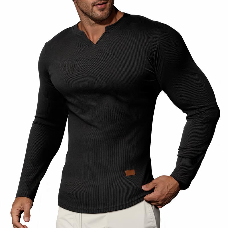Men's Plain Casual Muscle Shirts for Men Slim Fitted T Shirt V-Neck Longline Ribbed Tees Shirts Long Sleeve Gym Workout Athletic Menswear Tops