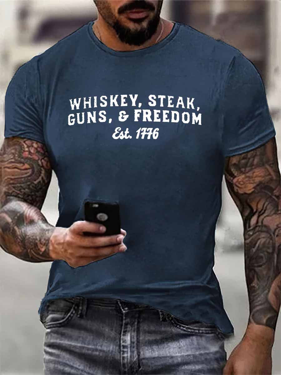 Whiskey Steak Guns And Freedom Print 100% Cotton T-Shirt