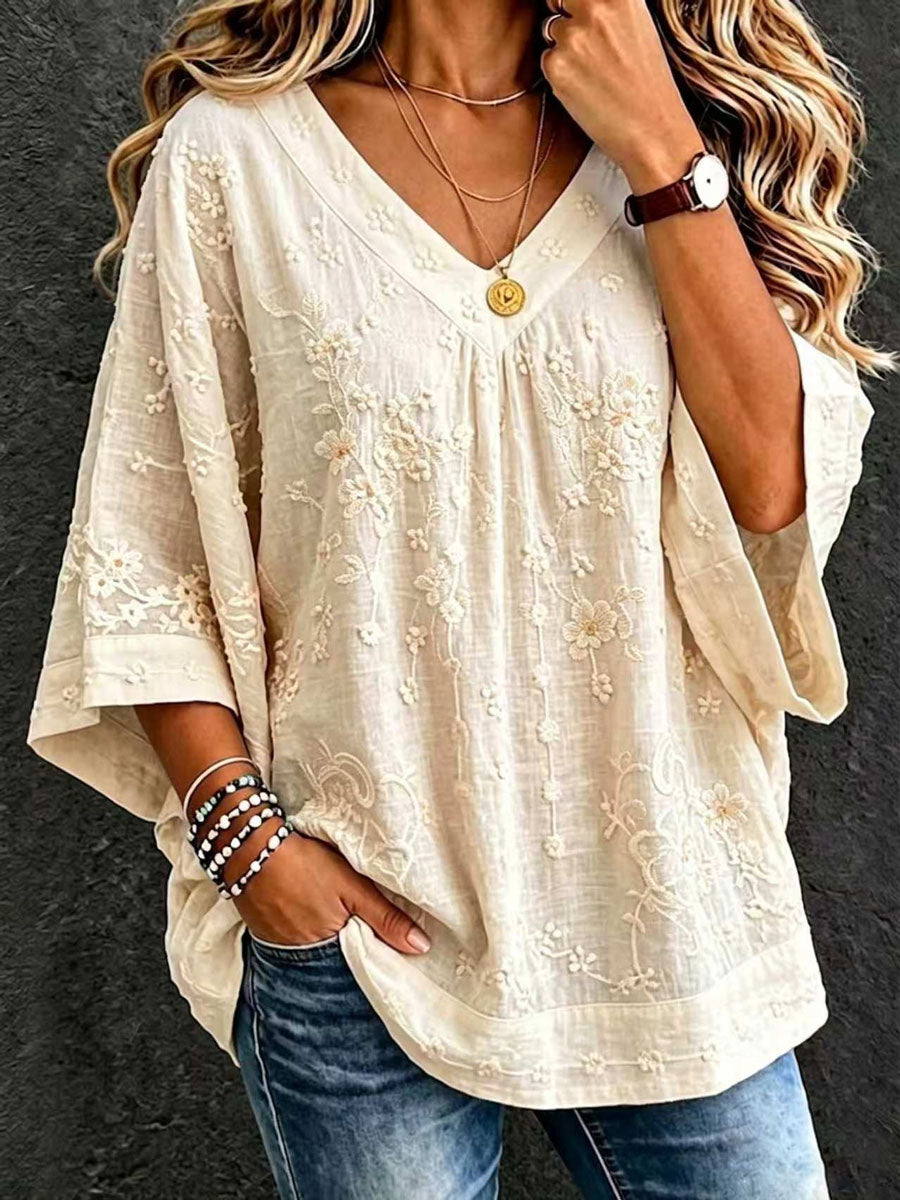 Women'S Cotton And Linen Floral Casual Vacation Top