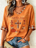 Women's Fall for Jesus He Never Leaves V-Neck Top