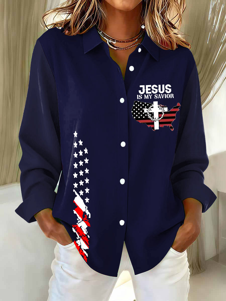 Jesus Is My Savior Printed Casual Long Sleeve Shirt