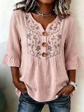 Women'S Casual Floral Print Cotton Linen Top