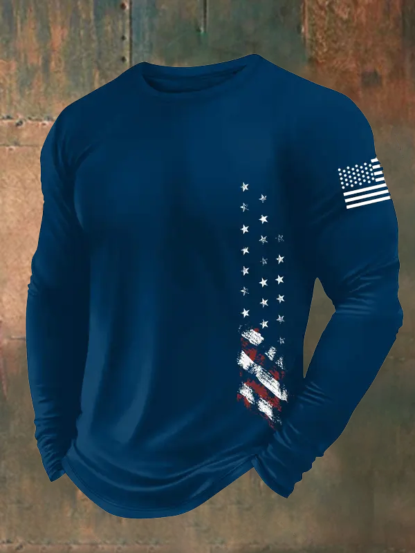 Men's American Flag  Pattern Long Sleeve 100% Cotton T-Shirt