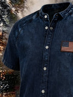 Men's Vintage Washed Denim Stand Collar Shirt, American Flag Patch Short Sleeve Button Down Casual Western Top