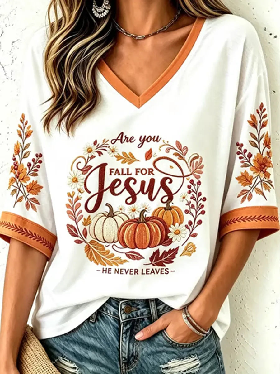 Women's Fall Casual Faith Graphic Print Mid-length Sleeves V-Neck T-Shirt