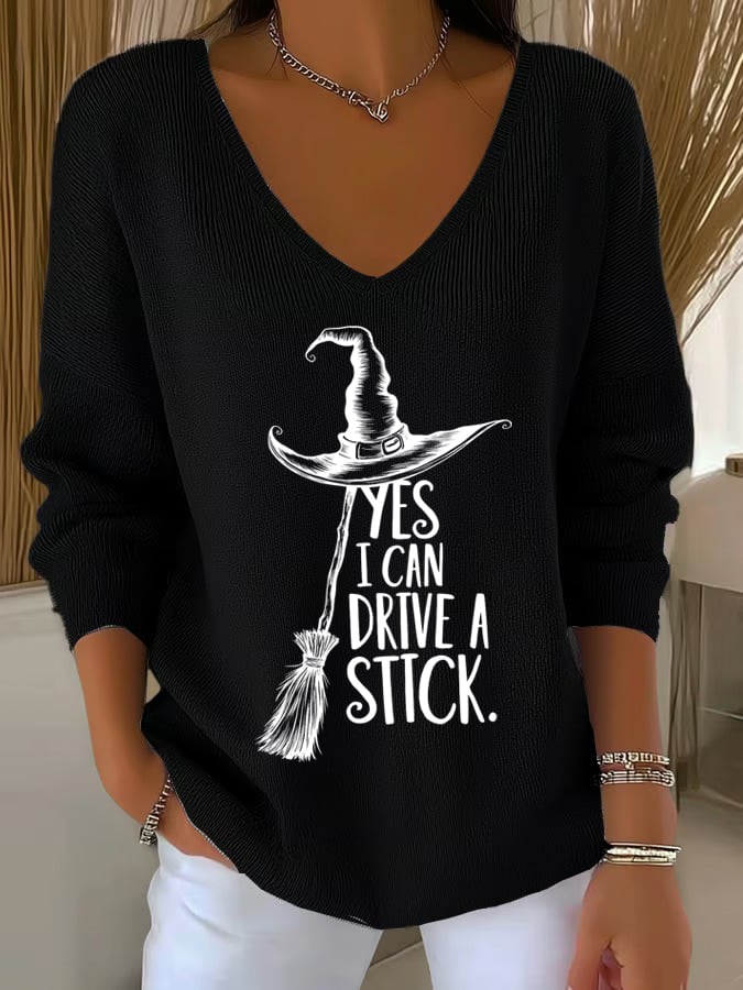 ?Buy 2 Get 10% Off?Women'S Witch "Yes I Can Drive A Stick"  Print Drop Shoulder Sweater