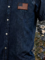 Men's Vintage Washed Denim Stand Collar Shirt, American Flag Patch Short Sleeve Button Down Casual Western Top
