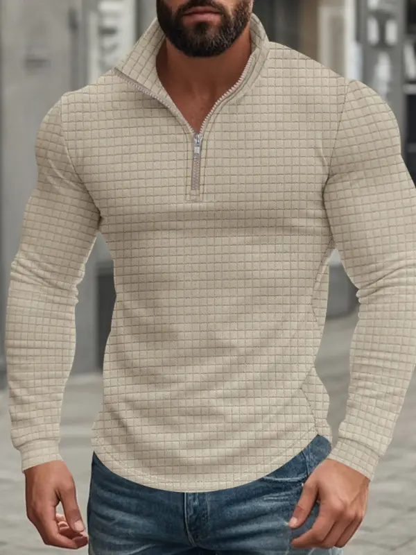 Men's American Retro Autumn And Winter Half-Zip Small Plaid Casual Stand-Up Collar Long-Sleeved Sweatshirt
