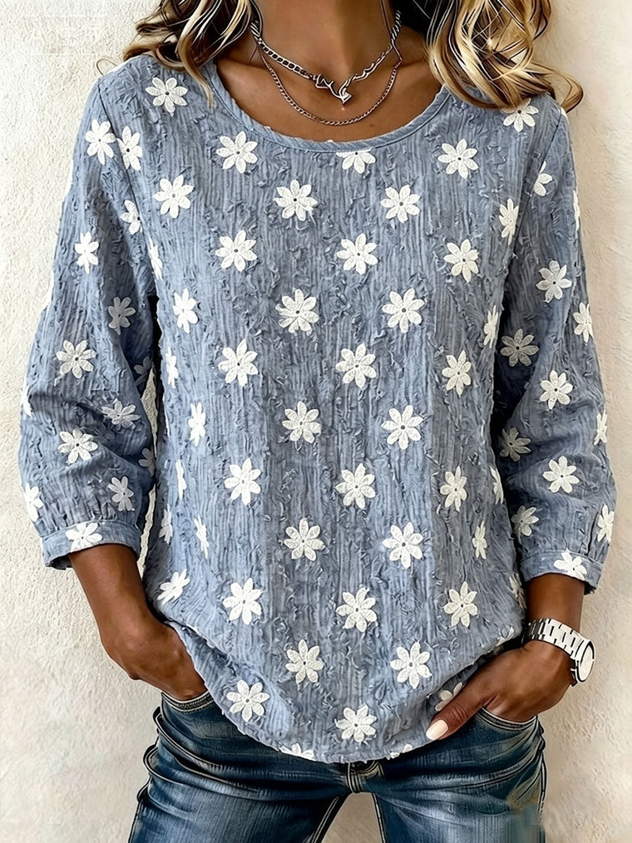 Women'S Casual Floral Print Cotton Linen Top