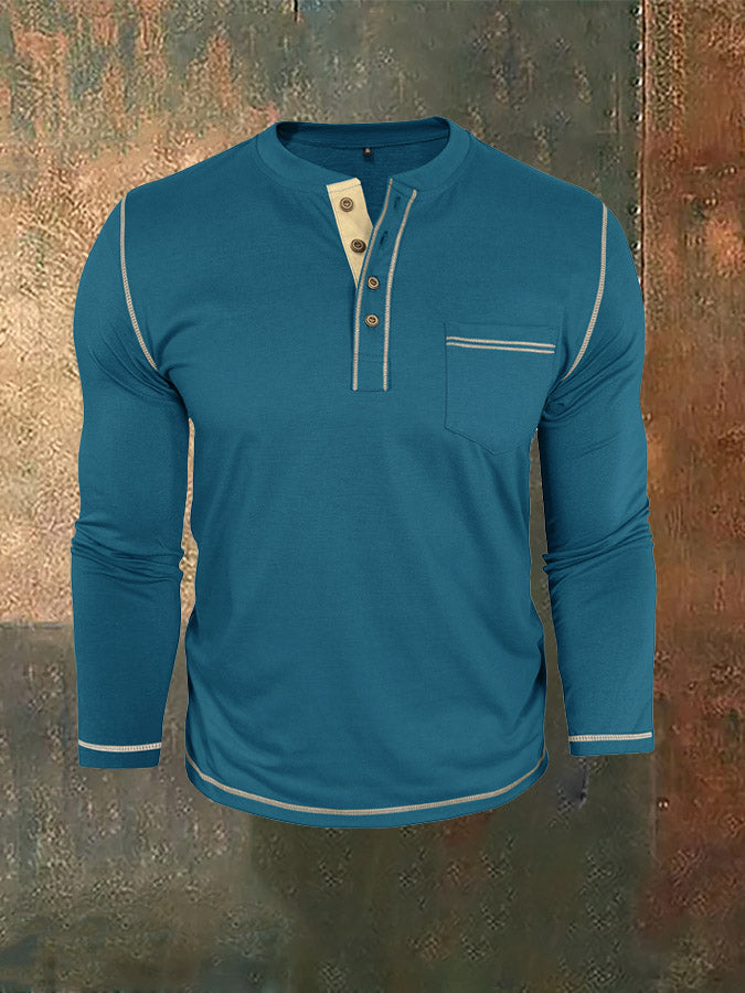 Men's Henry Pocket Long-Sleeve Color-Blocked T-Shirt