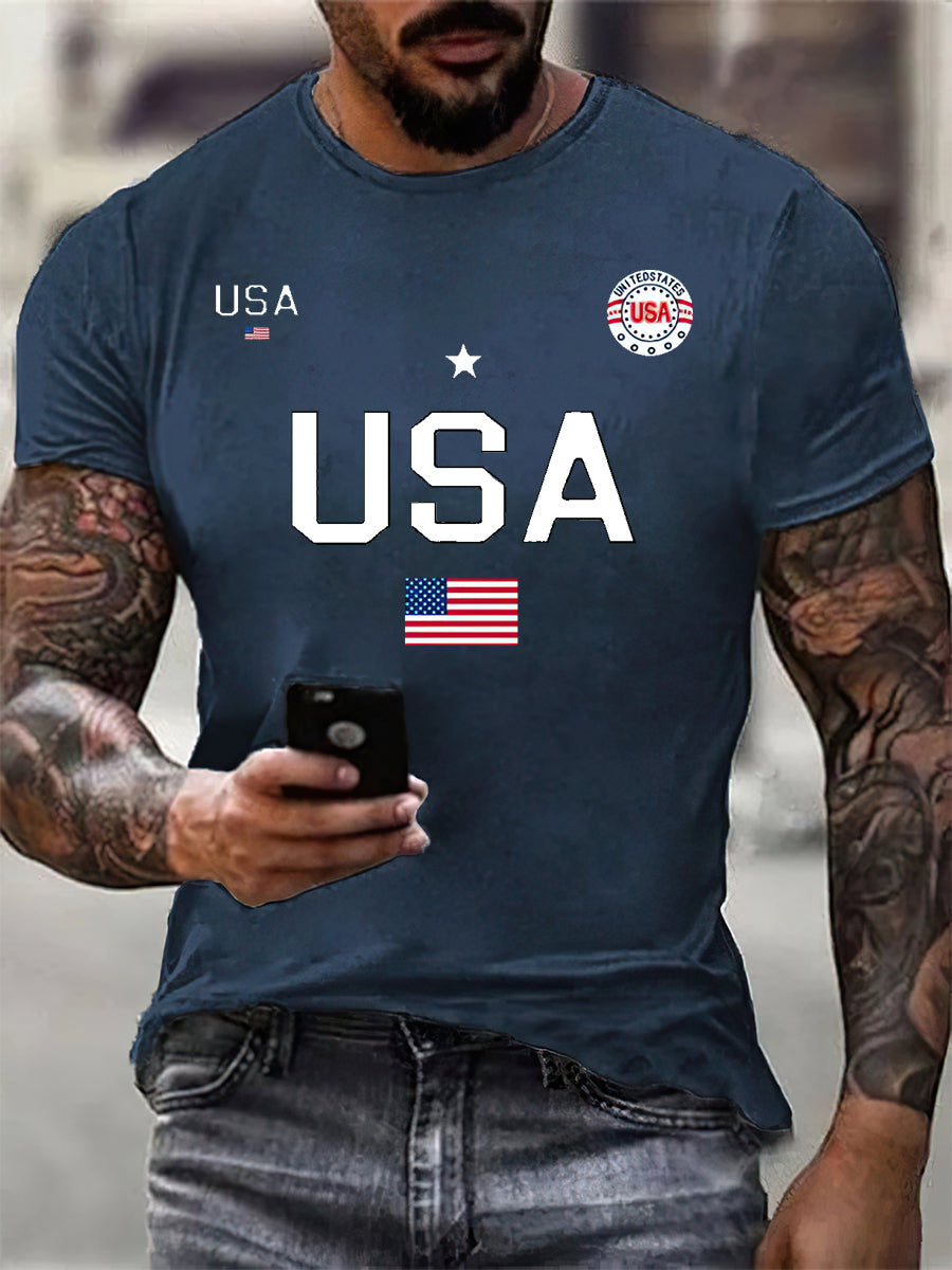 Men's USA Flag Print Cotton T-Shirt