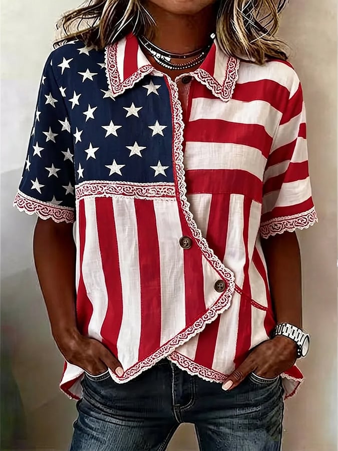 Women's Casual Retro Cotton-Linen Patriotic Shirt