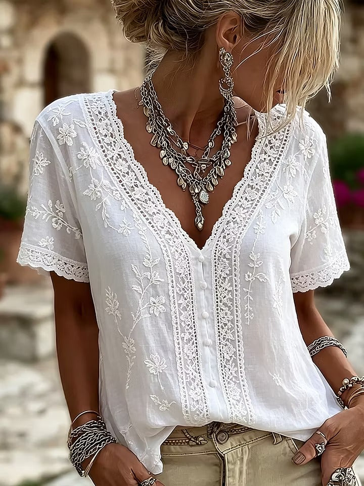 Women's White Floral Lace Art Cotton Linen V-Neck Short Sleeved Top