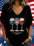 Women Wine Glass Celebration Print Short Sleeve Tee T-shirt V Neck Casual Summer Top