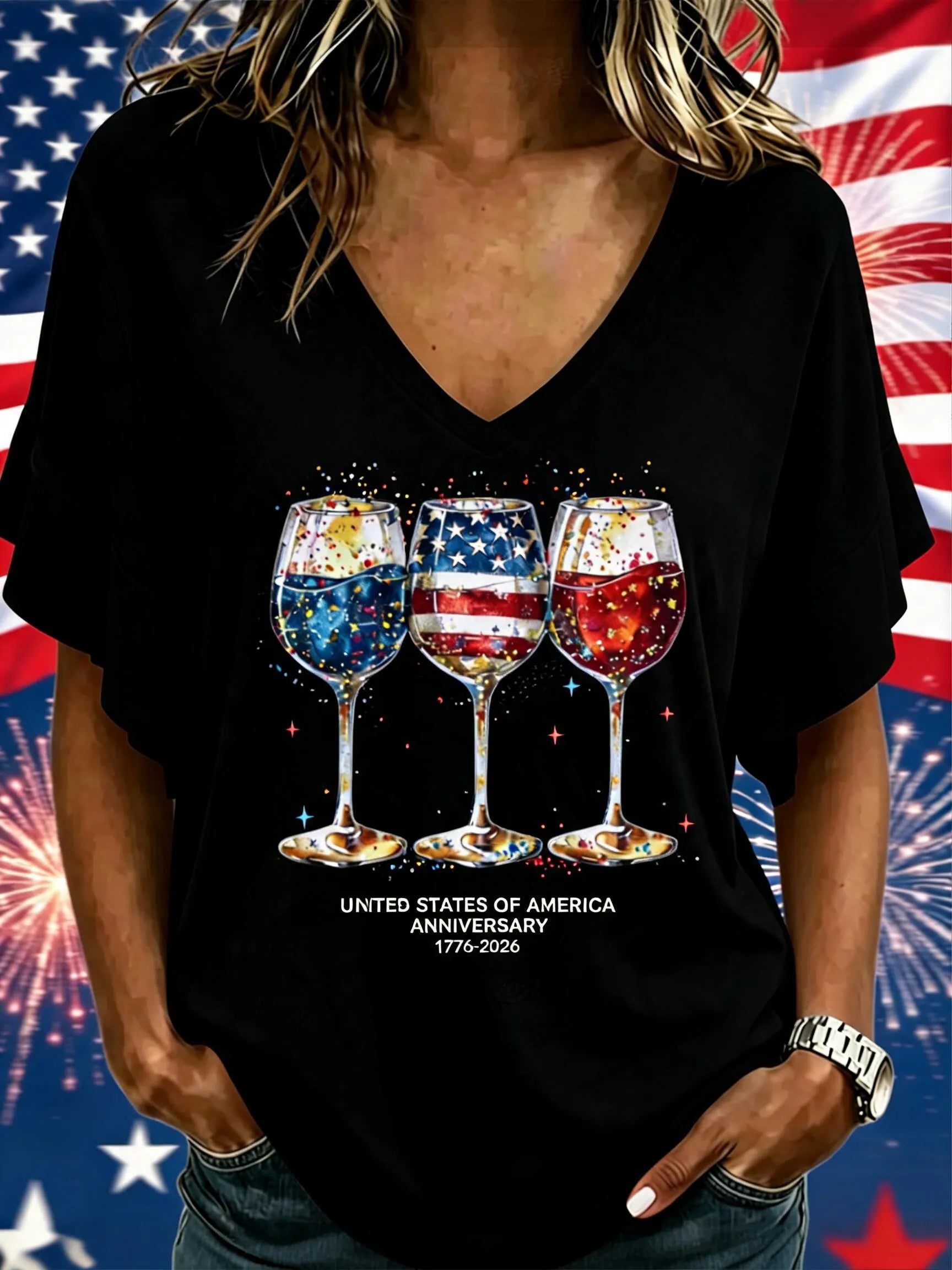 Women Wine Glass Celebration Print Short Sleeve Tee T-shirt V Neck Casual Summer Top