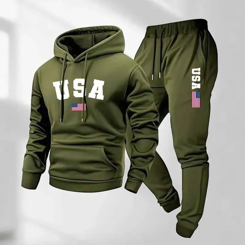 Men's USA Letter Printed Hoodie and Drawstring Sweatpants Set