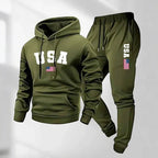 Men's USA Letter Printed Hoodie and Drawstring Sweatpants Set