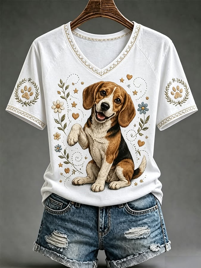 Women's Retro Dog Art Print  T-Shirt