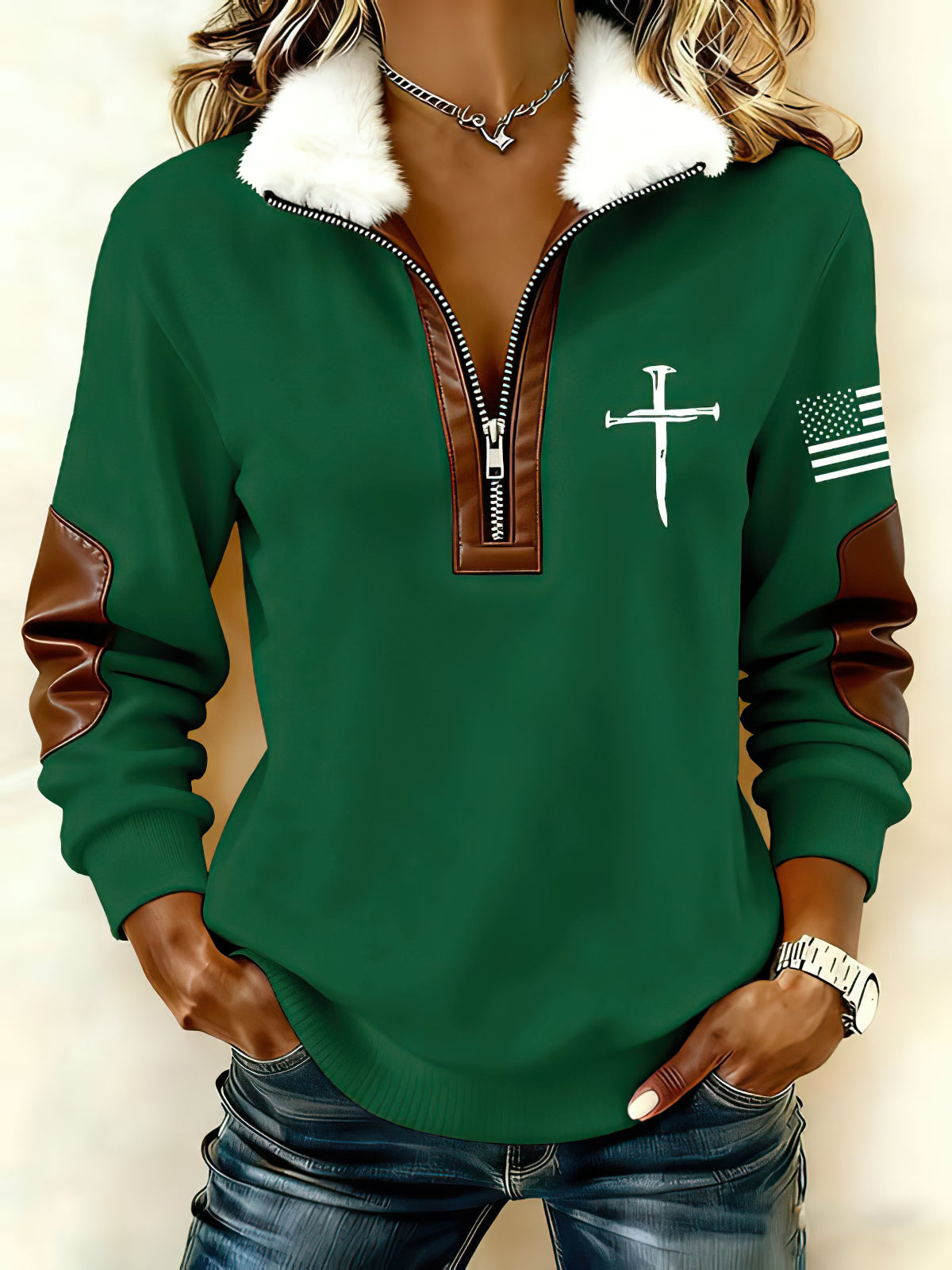 Women's Casual Retro Faith Print Patchwork Fur Collar Long-Sleeve Sweatshirt