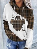 🔥HOT SALE🔥Retro Halloween Ghost & Bats Flannel Plaid Print Hoodie