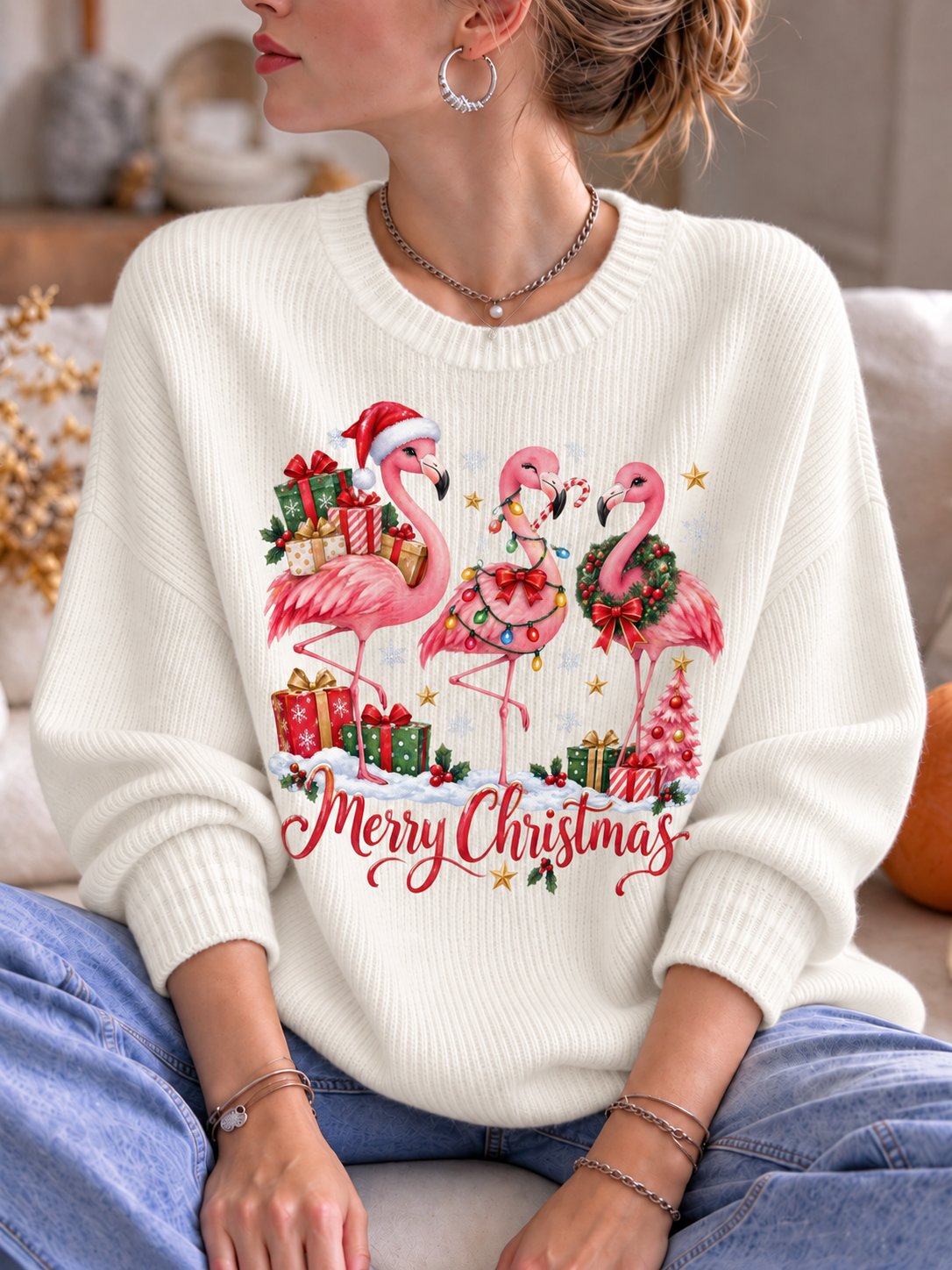 Women's Christmas Flamingo Print Casual Knit Top
