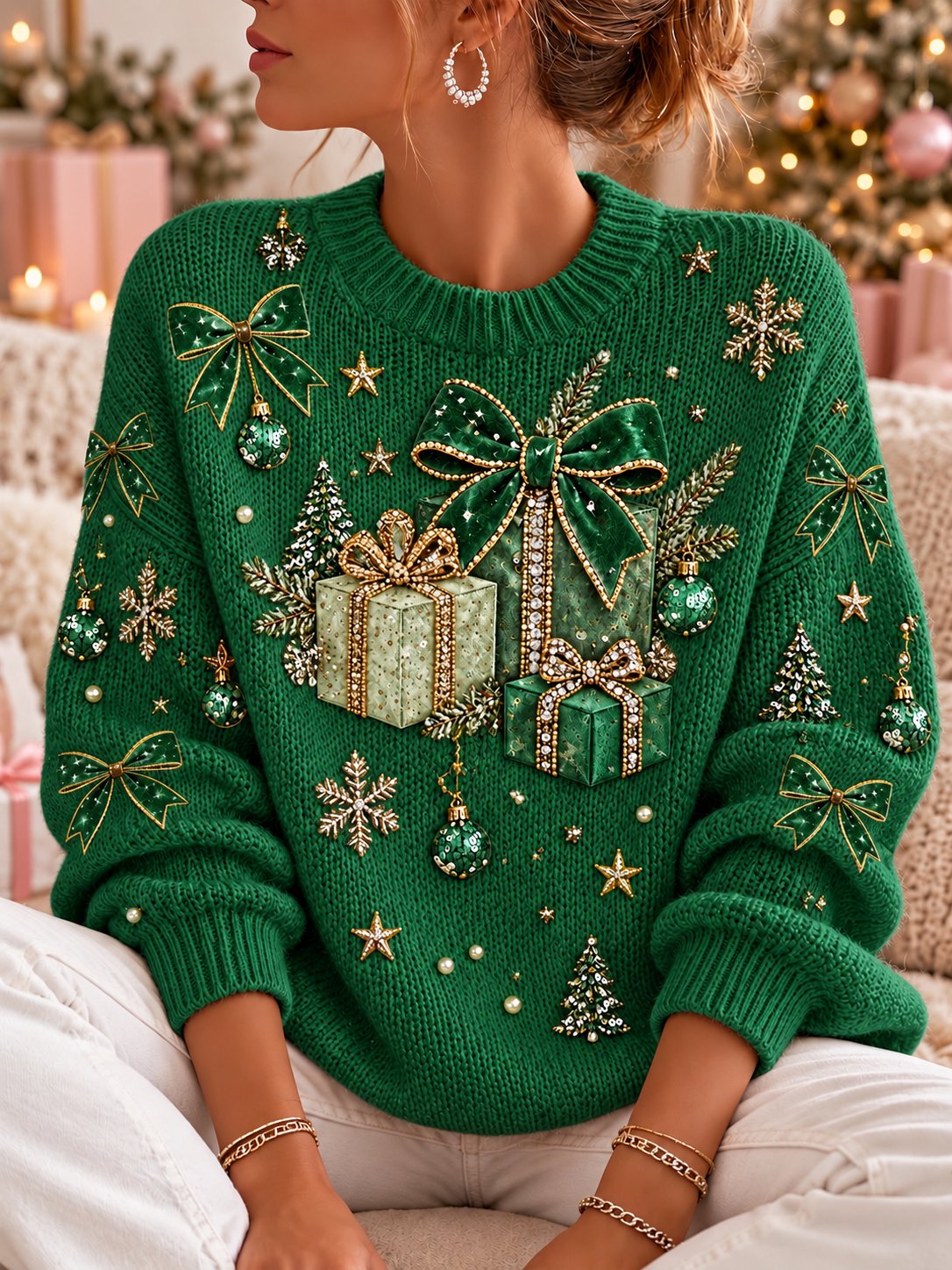 Damen-Sweatshirt mit Weihnachtsmuster, Rundhalsausschnitt und langen Ärmeln