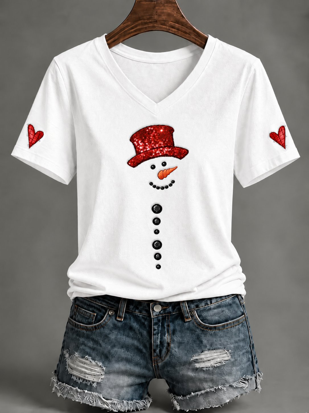 Damen-T-Shirt mit Weihnachtsschneemann-Print