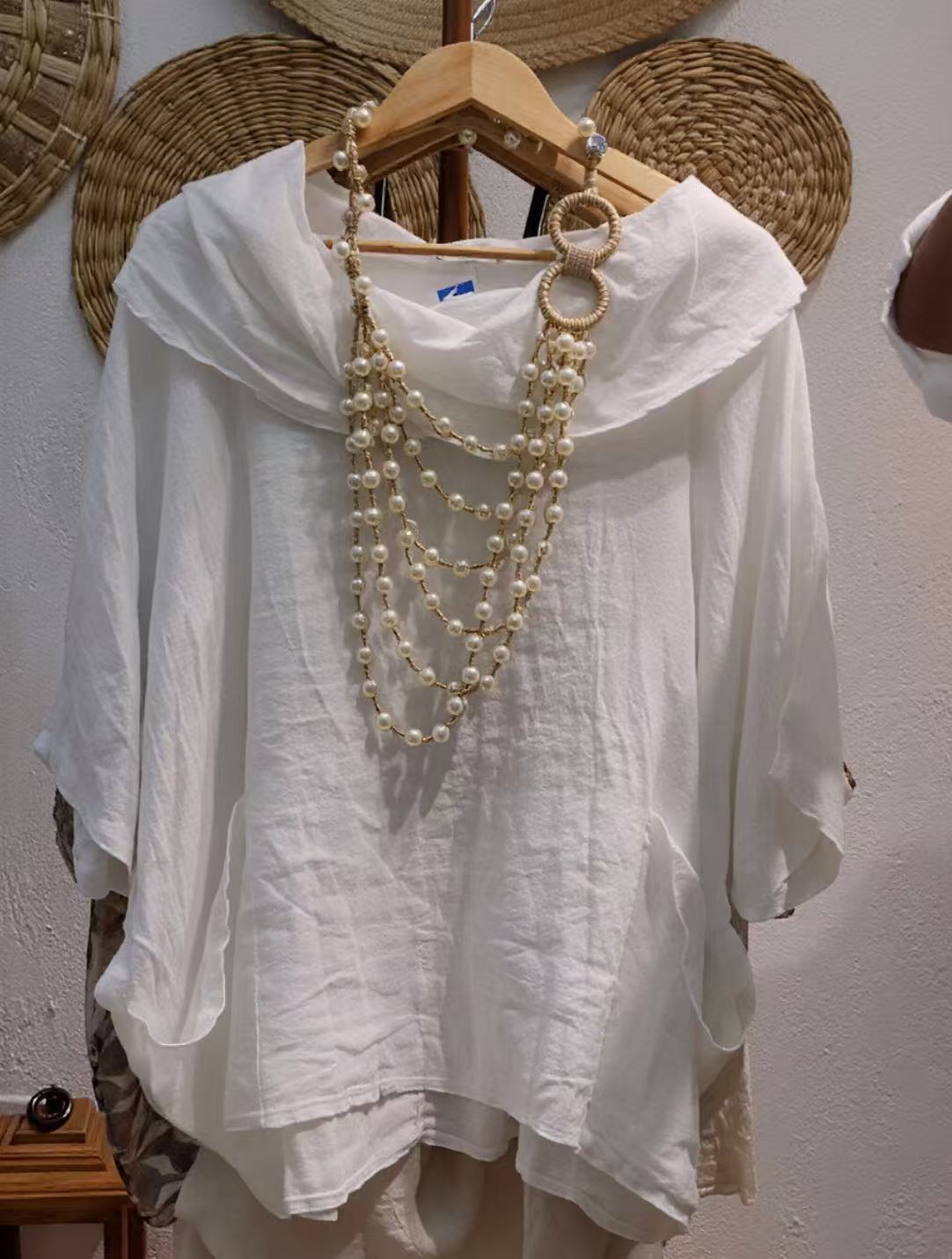 Women's Solid Color Draped Neck 3/4 Sleeve Comfortable Casual Linen Pocket Top