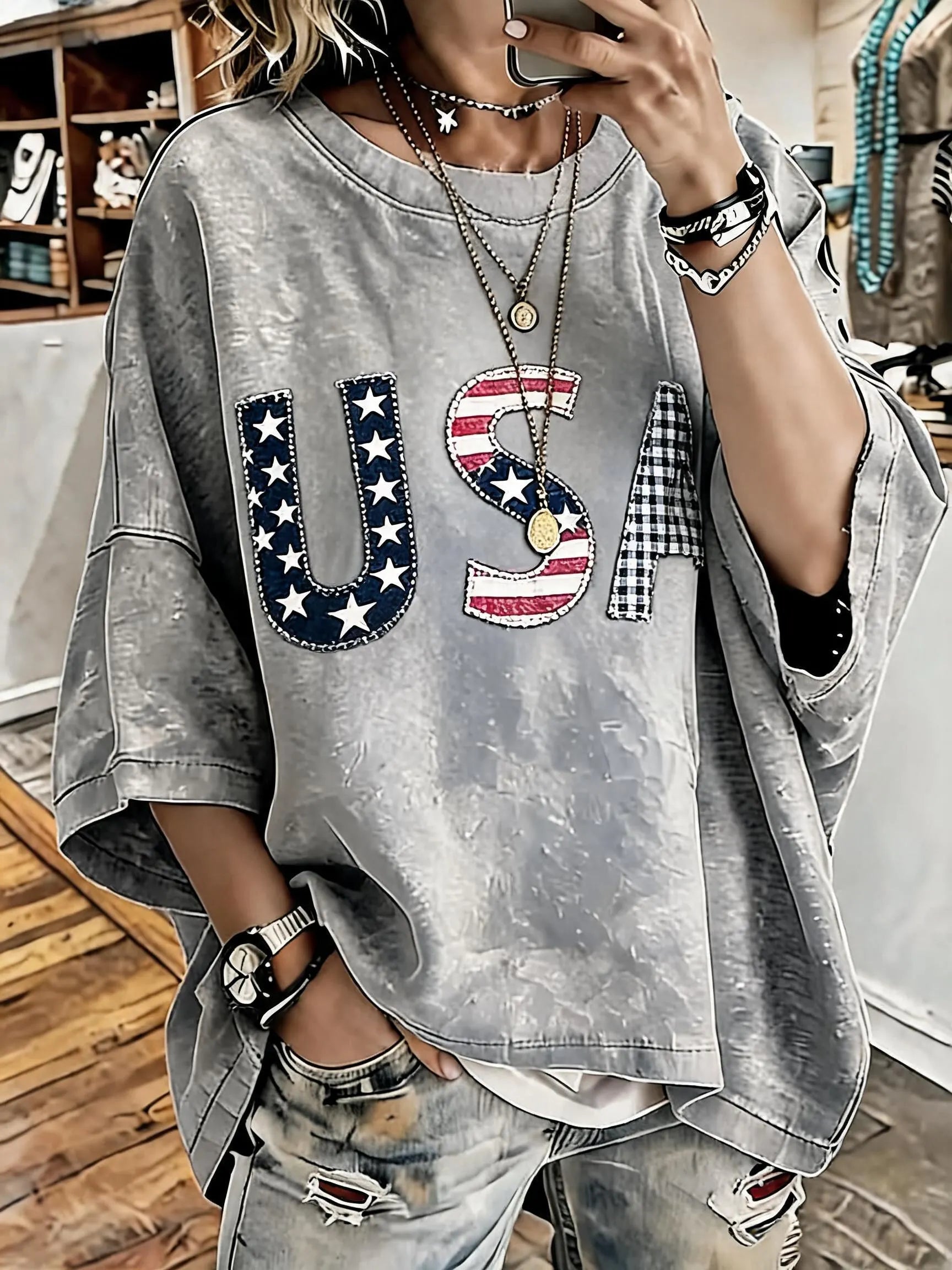 Women's Vintage Distressed Washed USA Printed Oversized T-Shirt