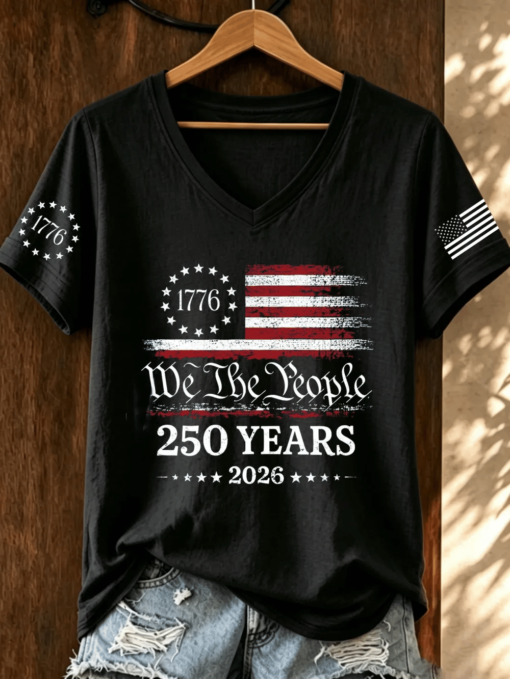 Women's Retro America Flag  Print T-shirt
