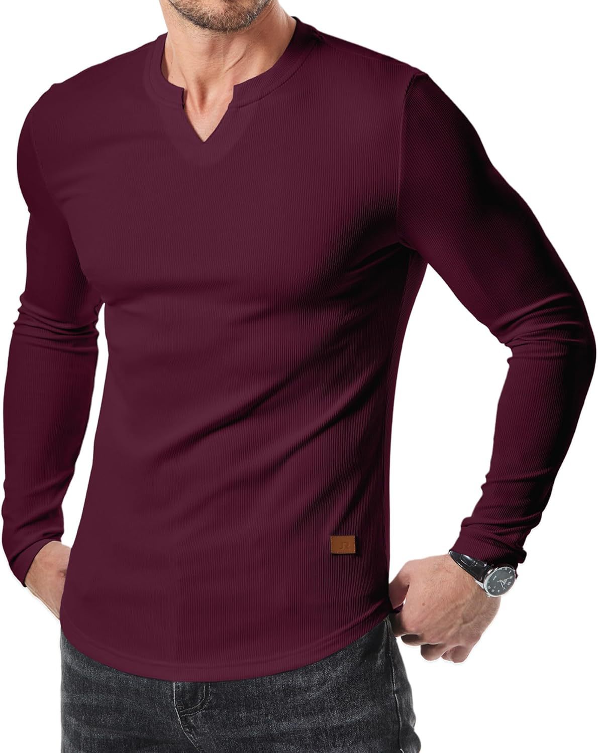 Men's Plain Casual Muscle Shirts for Men Slim Fitted T Shirt V-Neck Longline Ribbed Tees Shirts Long Sleeve Gym Workout Athletic Menswear Tops
