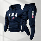 Men's USA Letter Printed Hoodie and Drawstring Sweatpants Set