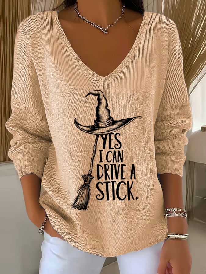 ?Buy 2 Get 10% Off?Women'S Witch "Yes I Can Drive A Stick"  Print Drop Shoulder Sweater