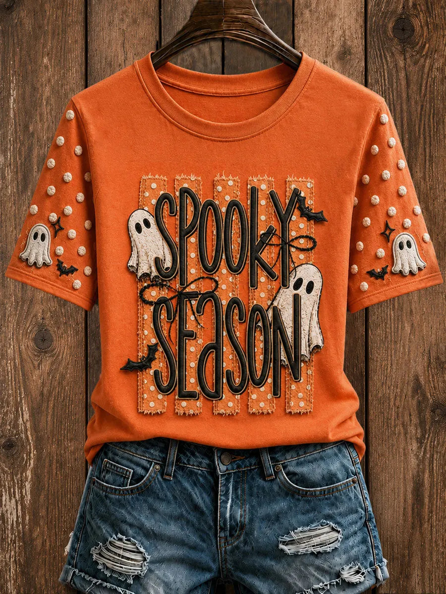 Women's Halloween Spooky Season Striped Ghost  Short Sleeve T-shirt
