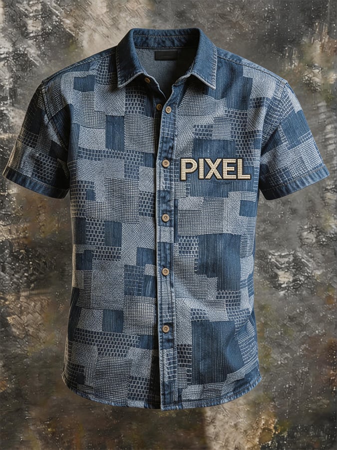 Men's Pixel Plaid Patchwork Denim Short Sleeve Shirt, PIXEL Letter Embroidery Lapel Collar Vintage Button Down Casual Streetwear Top