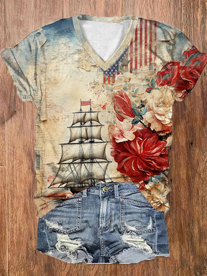 Women's Vintage Retro Flag Art 4th of July Print T-Shirt