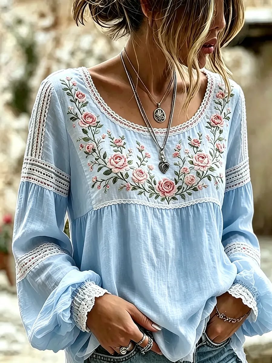 Women's floral fresh round neck top
