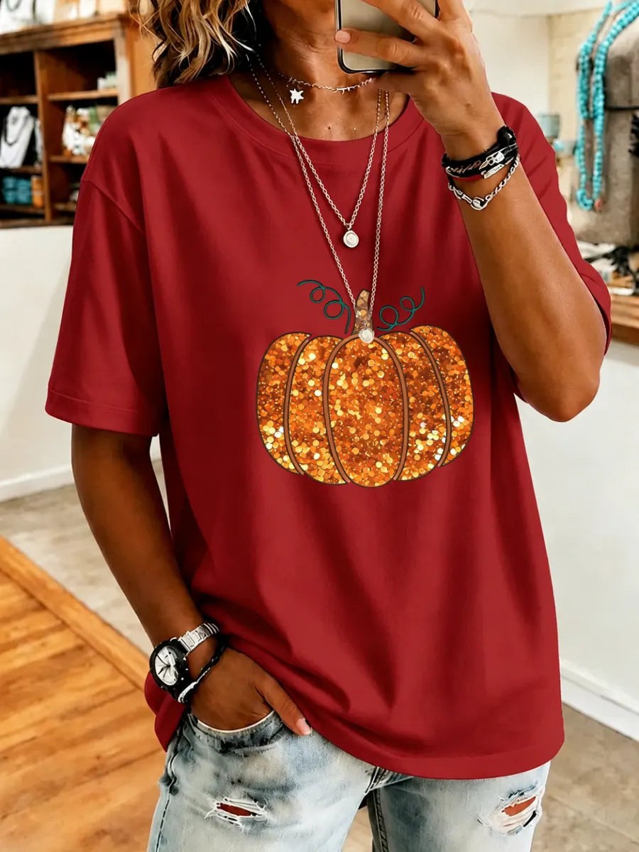 Women's  Halloween Floral Pumpkins Print Cotton T-Shirt