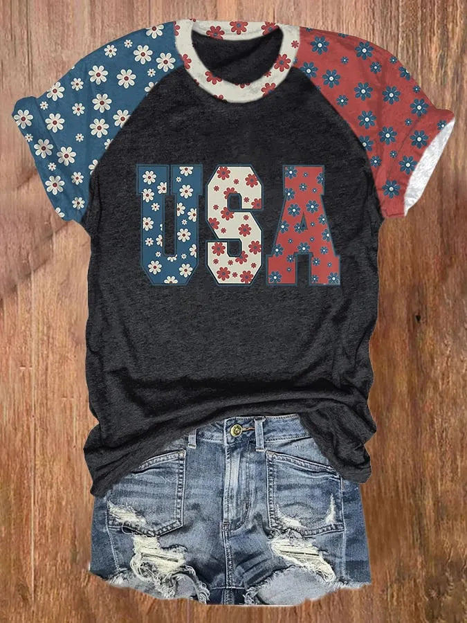 Women's Independence Day Color Block Print Round Neck T-shirt