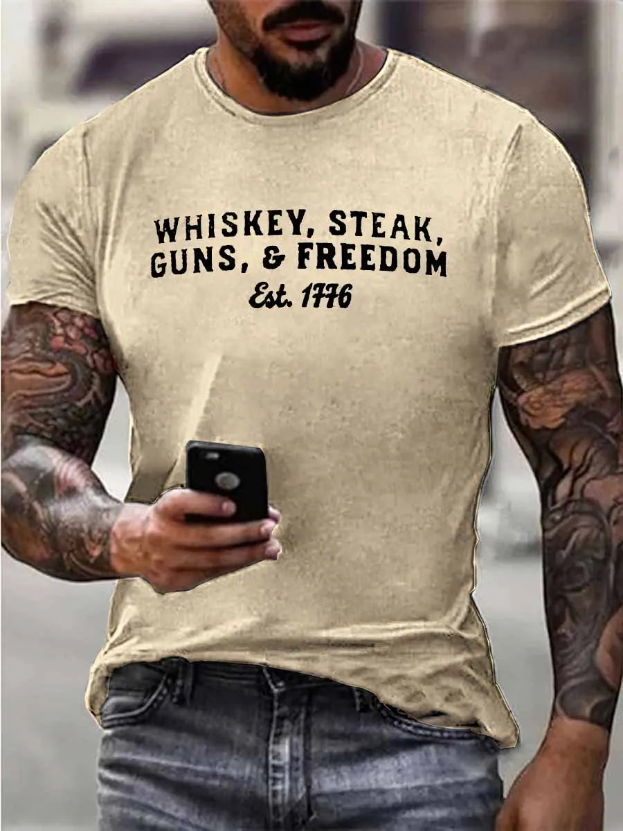 Whiskey Steak Guns And Freedom Print 100% Cotton T-Shirt
