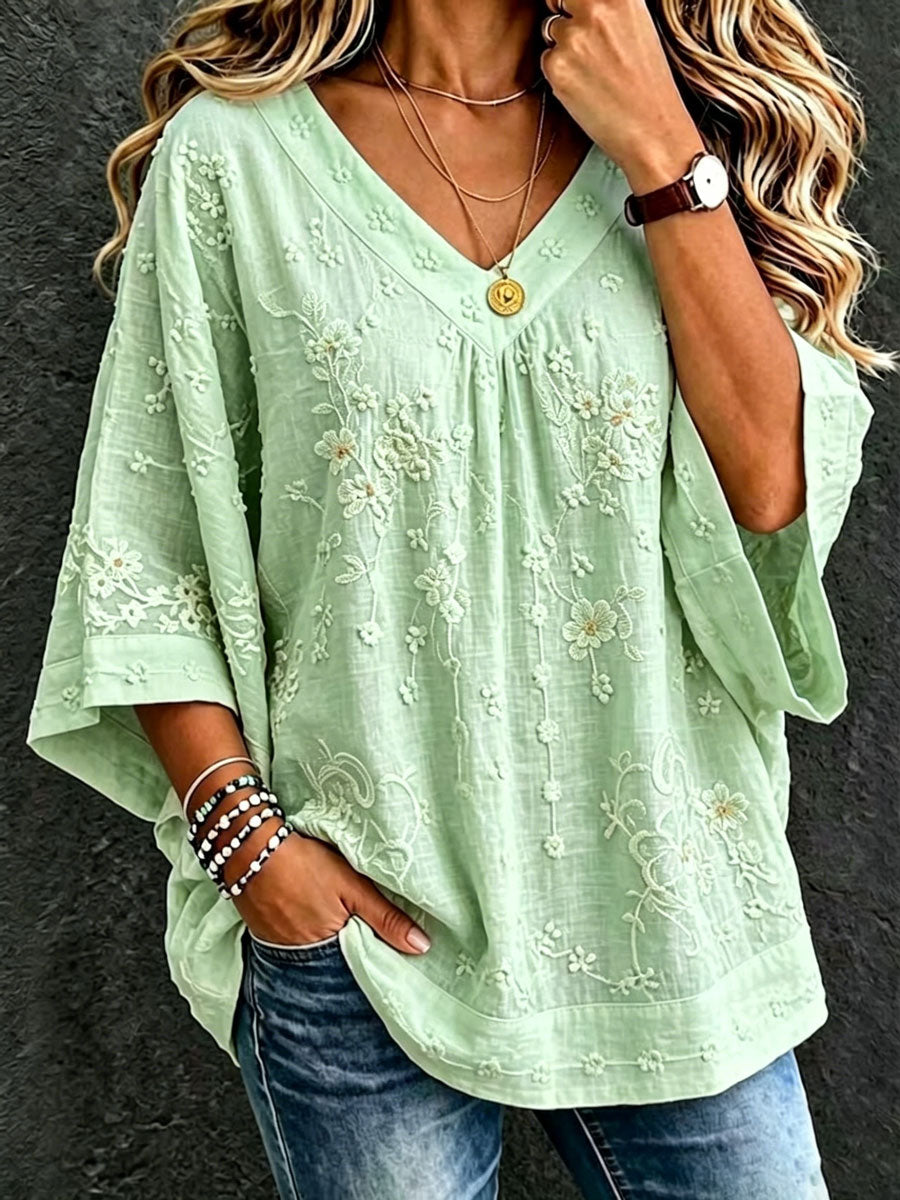 Women'S Cotton And Linen Floral Casual Vacation Top