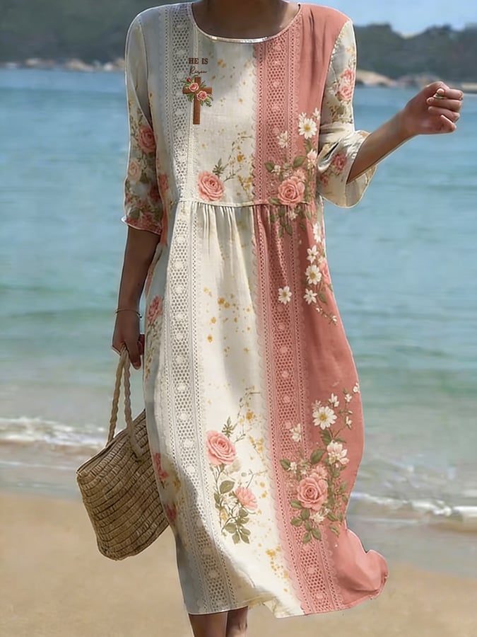 Women's Retro Floral Print Round Neck Linen Dress